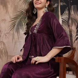 Sangria Empire Style Sequinned Detail Front Slit Anarkali Kurta with Palazzos & Inner Top-34
