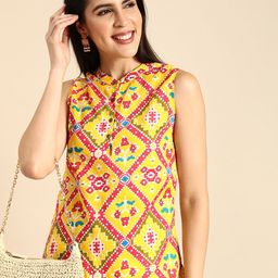 Anouk Women Geometric Print Band Collar Pure Cotton Straight Kurta-10