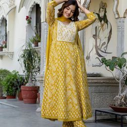 EthniFlair Floral Printed Notch Neck Pure Cotton Anarkali Kurta & Trousers With Dupatta-picture-19
