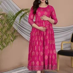 Gujari Ethnic Motifs Woven Design Zari Maternity Anarkali Kurta-picture-8