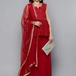 Kvsfab Women Red Embroidered Pleated Kurta with Palazzos & Dupatta-image-59