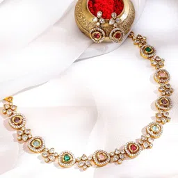 Rubans 22K Gold-Plated Multicolour Stone & Cubic Zirconia Studded Floral Vine Necklace Set-image-76