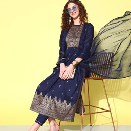 Sangria Floral Yoke Design Pleated Chanderi Silk Kurta with Trousers & With Dupatta-image-68