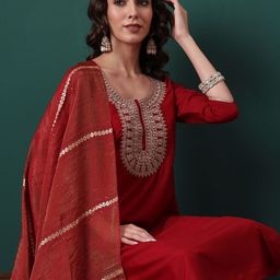Royal Export Women Floral Embroidered Regular Thread Work Kurta with Trousers & Dupatta-image-79