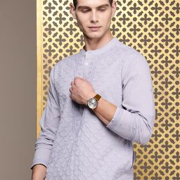 House of Pataudi Men Jashn Floral Embroidered Thread Work Pure Cotton Kurta With Churidar-22