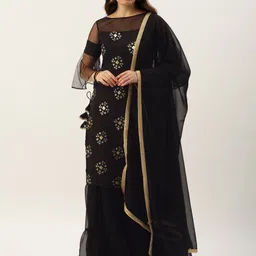 Ethnovog Women Black Floral Embroidered Made To Measure Kurta with Palazzos  Dupatta-image-31