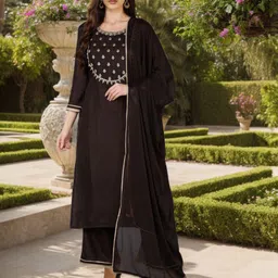AHIKA Brown & Gold-Toned Ethnic Motifs Embroidered Regular Kurta With Trousers & Dupatta-48