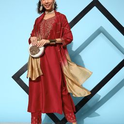 Varanga Women Maroon Ethnic Motifs Embroidered Kurta With Trousers & Dupatta-image-58