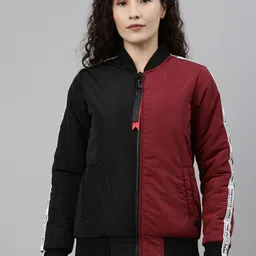 Campus Sutra Women Black& Maroon Colourblocked Windcheater Outdoor Bomber Jacket-picture-11