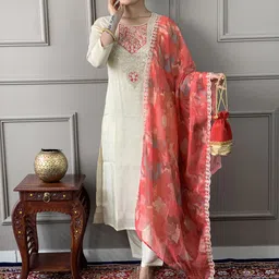 S.K.C Ethnic Motifs Embroidered Sequinned Chanderi Silk Kurta With Trouser & With Dupatta-picture-51
