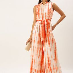 Ethnovog Women Orange  White Tie  Dye Printed Basic Jumpsuit Comes with a Belt-50
