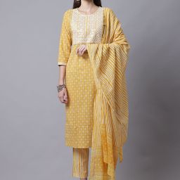 Rajnandini Women Mustard Yellow Ethnic Motifs Embroidered Pure Cotton Kurta with Trousers & With Dupatta-picture-19