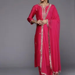Varanga Women Pink Yoke Design Kurta with Trousers & With Dupatta-image-37