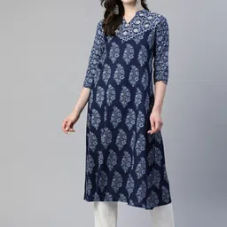Vbuyz Embroidered Kantha Work Indigo Pure Cotton Kurta-picture-35
