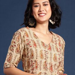 Taavi Kalamkari Printed Cotton Non Paded Saree Blouse-image-0