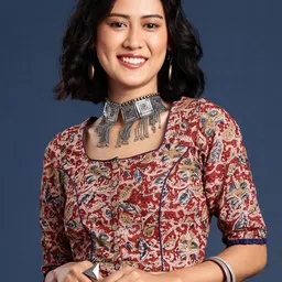 Taavi Kalamkari Printed Cotton Non Paded Saree Blouse-image-93