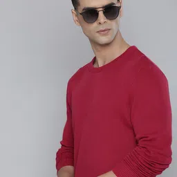 Flying Machine Men Fuchsia Pink Solid Pure Cotton Knitted Pullover-picture-4