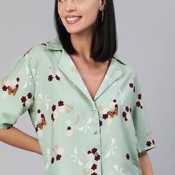 HERE&NOW Women Green & Cream-Coloured Regular Fit Printed Casual Shirt-image-54