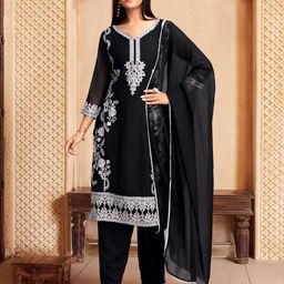 House of Pataudi Embroidered Straight Kurta With Trouser & Dupatta Set-56
