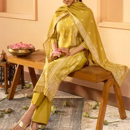 Libas Mustard Yellow Floral Printed Keyhole Neck Straight Kurta With Trousers & Dupatta-image-30