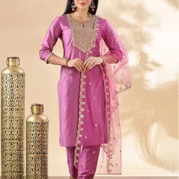 Anouk Mauve Ethnic Motifs Embroidered Notch-Neck Straight Kurta With Trouser & Dupatta-picture-21