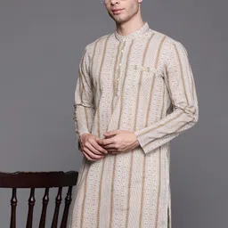 Indo Era Men Off White & Golden Ethnic Motifs Printed Pure Cotton Kurta-image-94