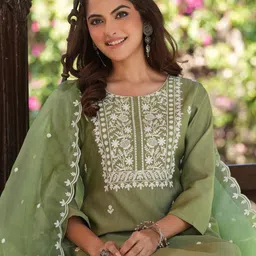 Janasya Women's Sage Green Silk Blend Embroidered Straight Kurta Set-image-69
