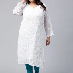 ADA Women Plus Size White Ethnic Motifs Chikankari Embroidered Georgette Handloom Kurta With Slip-16
