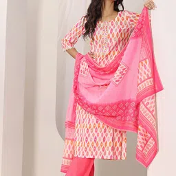 Libas Pink Abstract Printed Round Neck Sequinned Straight Kurta With Trousers & Dupatta-image-86
