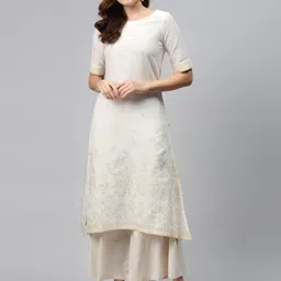 Biba Women Off-White & Golden Printed Pure Cotton Straight Kurta-picture-12