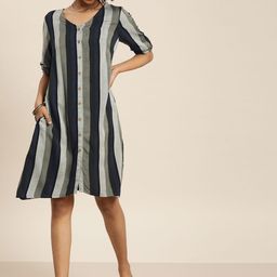 Taavi Women Grey & Navy Blue Striped Woven Legacy A-Line Sustainable Dress with Pockets-image-20