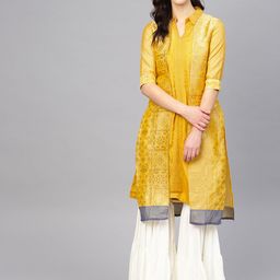 W Women Mustard Yellow & Golden Zari Work Layered Straight Kurta-image-81