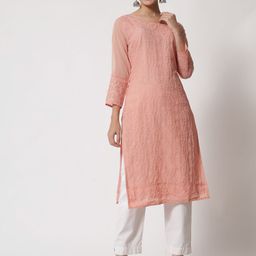 VAIRAGEE Women Peach-Colored Floral Embroidered Georgette Kurta-image-66