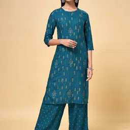 RANGMANCH BY PANTALOONS Women Green Ethnic Motifs Printed Kurta with Trousers-image-34