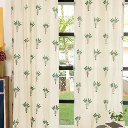 URBAN SPACE Cream-Coloured & Green 2 Pieces Floral Printed Pure Cotton Long Door Curtains-35