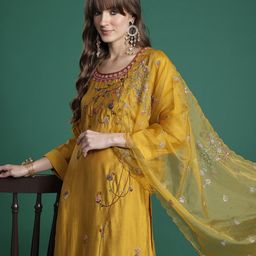 Indo Era Floral Embroidered Thread Work Kurta with Trousers & With Dupatta-picture-43