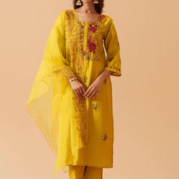 House Of Pataudi Embroidered Straight Kurta Trousers With Dupatta-image-64
