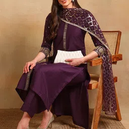 House of Pataudi Embroidered Straight Kurta Trousers With Dupatta-picture-55
