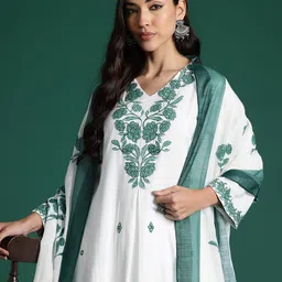Indo Era Floral Embroidered Pleated Thread Work Pure Cotton Kurta Set-picture-40