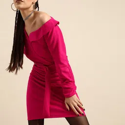 Athena Fuchsia Solid Street Style Blazer Dress with Belt-picture-11