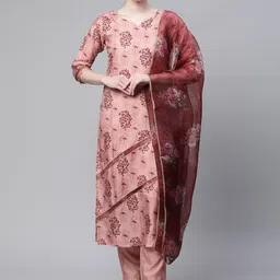 SERONA FABRICS Women Pink Floral Print Silk Chiffon Kurta with Trousers & Dupatta-image-46