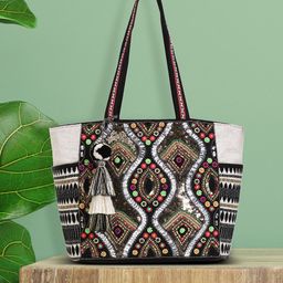 Anekaant Multicoloured Ethnic Motifs Sequinned Jacquard Shoulder Bag-31
