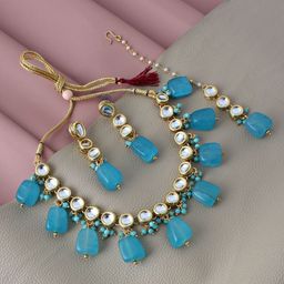LUCKY JEWELLERY Gold-Plated White & Turquoise Blue Kundan-Studded & Beaded Jewellery Set-image-34