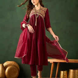 Sangria Women Sequence Embroidered A-Line Kurta Trousers & Dupatta-81