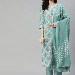 Yuris Women Blue Floral Printed Pure Cotton Kurta with Trousers & With Dupatta-picture-25