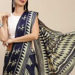 RACHNA Navy Blue Ethnic Motifs Printed Satin Saree with Blouse-28