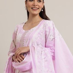 Libas Lavender Floral Printed Round Neck Sequinned Straight Kurta With Trouser & Dupatta-picture-41