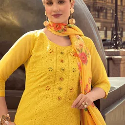 MOJILAA Women Embroidered Regular Chikankari Kurta with Trousers & With Dupatta-image-43