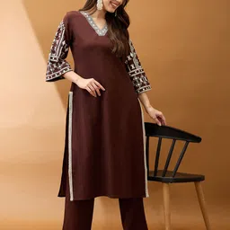 Globus V-Neck Bell Sleeves Embroidered Gotta Lace Straight Kurta & Pants Festive Set-35