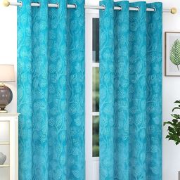 RIDHAAN Blue 2 Pieces Floral Room Darkening Velvet Window Curtain-43